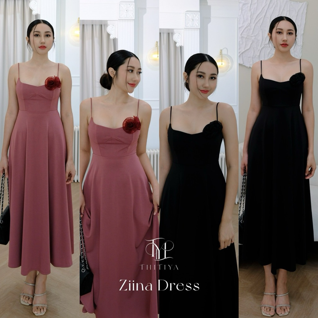 FK : เดรส ยาว สายเดี่ยว สปาเก็ตตี้ คอยู เว้าลึก แต่ง เข็มกลัด ดอกไม้ 3D ลุคทะเล คาเฟ่ แมทกับ ผ้าใบ ส