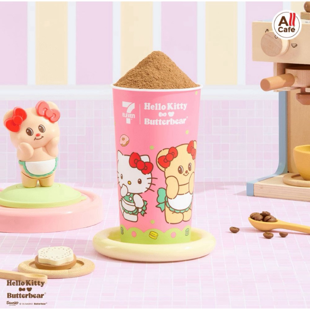 (พร้อมส่ง/NEW‼️) Hello kitty x Butterbear 7-11 แก้วน้องเนยดุ๊กดิ๊ก ไขลานได้ หมีเนย