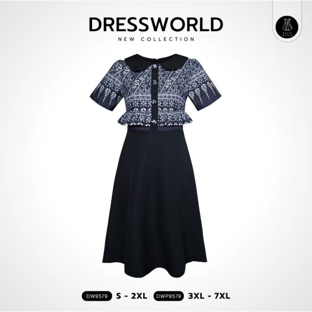 **พรีออเดอร์ 30 วัน(Pre-Order) {S-7XL} 9579 งานป้าย Dress World เดรสสั้นทรงบาน ลายไทย คอบัว