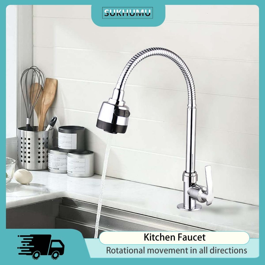 Kitchen Faucet Stainless 360° Rotate Flexible Cold Tap Sink Faucet Curved Neck Sink Faucet