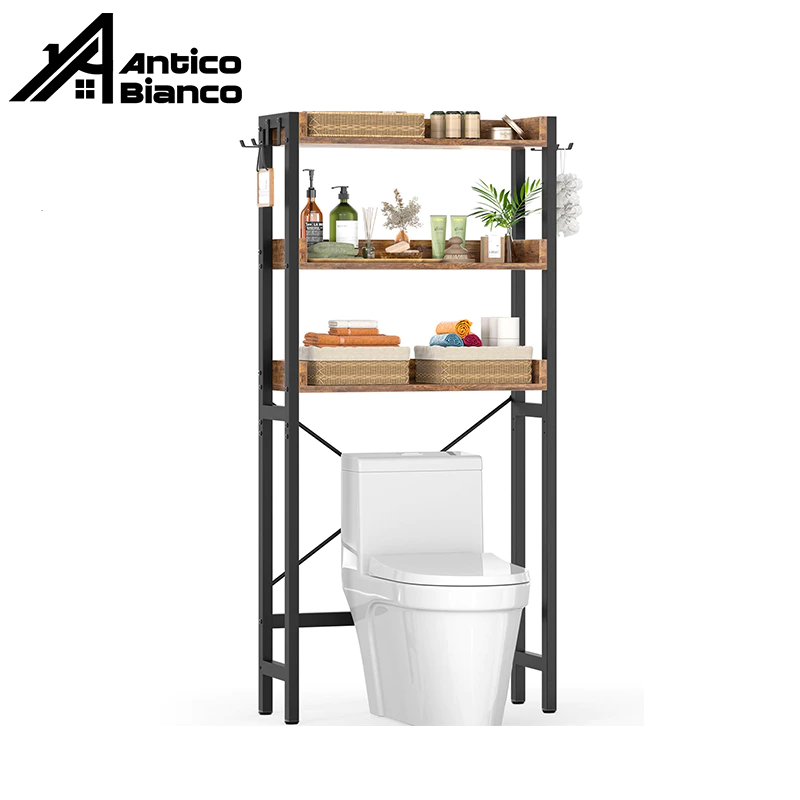 Antico ชั้นวางเหนือชักโครก 3 ชั้น โครงเหล็กและไม้ | Over Toilet Storage Rack with 4 Hooks