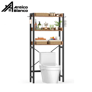 Antico ชั้นวางเหนือชักโครก 3 ชั้น โครงเหล็กและไม้ | Over Toilet Storage Rack with 4 Hooks