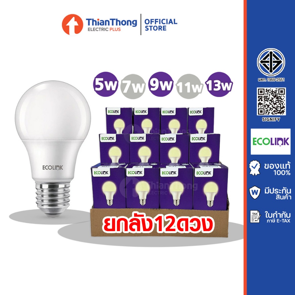 [สินค้ายกกล่อง 12 ดวง] EcoLink หลอดไฟ กันไฟกระชาก LED Bulb ขนาด 5W 7W 9W 11W 13W A60 ขั้ว E27 อีโคลิงก์