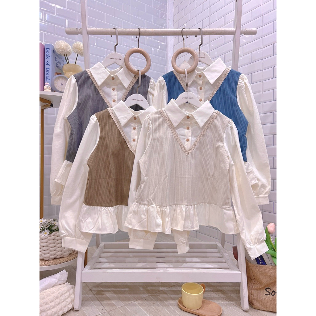 #8156 เสื้อแขนยาวแฟชั่นผู้หญิงคอปกสไตล์ฤดูหนาวผ้าลูกฟูกคุมโทน