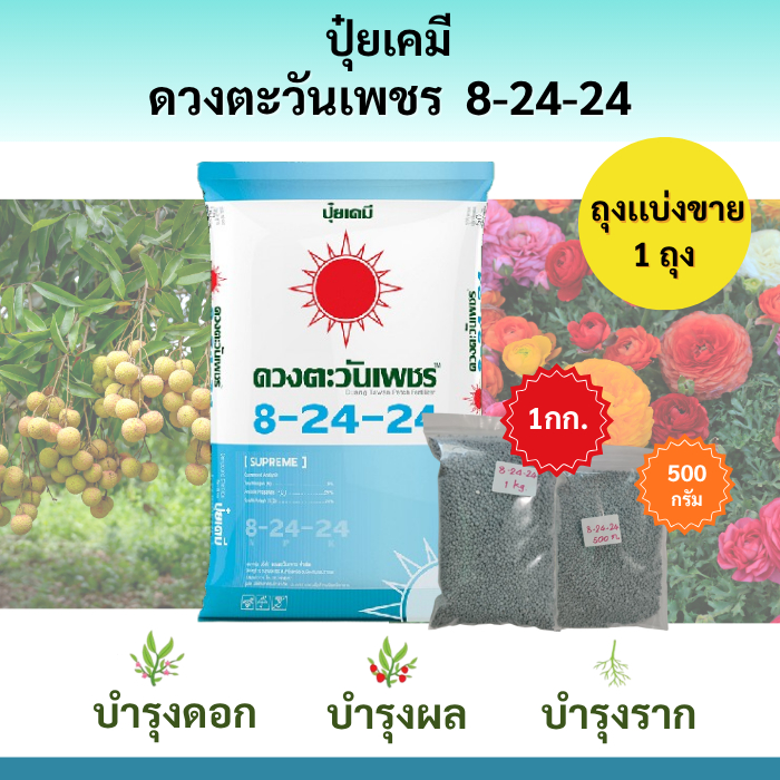 [1 ถุง] ปุ๋ยคอมปาวด์ 8-24-24 ตรา ดวงตะวันเพชร ถุงเเบ่งขาย เลือกขนาด 1 กก. / 500 กรัม 1 ถุง