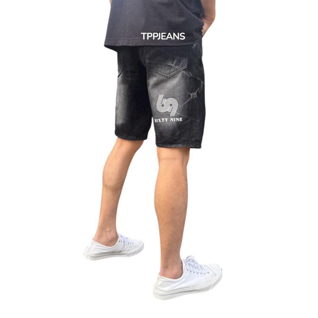 JXP Shorts Denim กางเกงยีนส์ขาสั้นชายเหนือเข่า สีดำฟอก แต่งปะขาดสกรีน69 เป้ากระดุม Size 28-36 รับชำระปลายทาง - รูปที่ 3