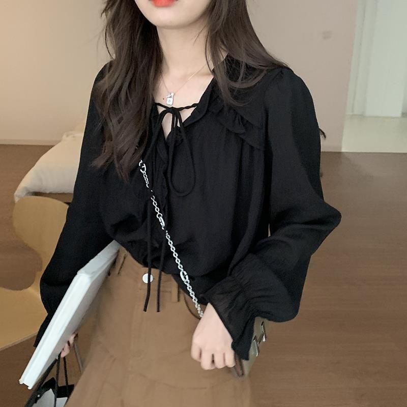 MONA~สีดำ สายรัด ลูกไม้ แขนยาว เสื้อเชิ้ต รุ่นใหม่ สไตล์แฟชั่น ราคา ถูกที่สุด ดีลบีเคเค รูปภาพหลัก