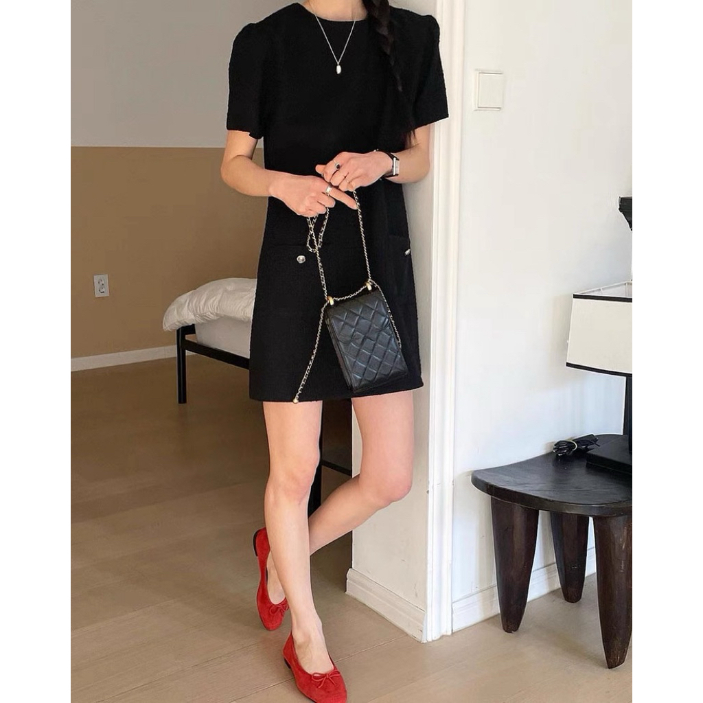 มาใหม่พร้อมส่ง💖 (DP001) black tweed dress เดรสสั้น สีขาว สีดำ ผ้าทวีต สไตล์เกาหลี ลูกคุณ