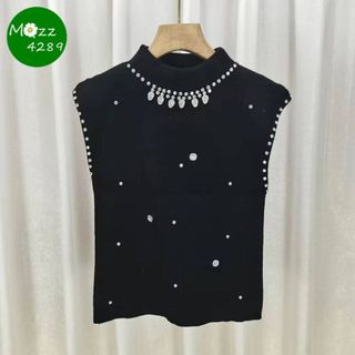MQzz4289 *พร้อมส่ง* เสื้อไหมพรมแขนกุด คอสูง ประดับลูกปัด FreeSize