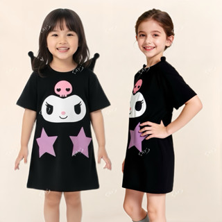 AY114 👧 เดรสเด็กผู้หญิงสุดคิ้วท์ สีดำแฟชั่น ลายการ์ตูนหน้าตา…