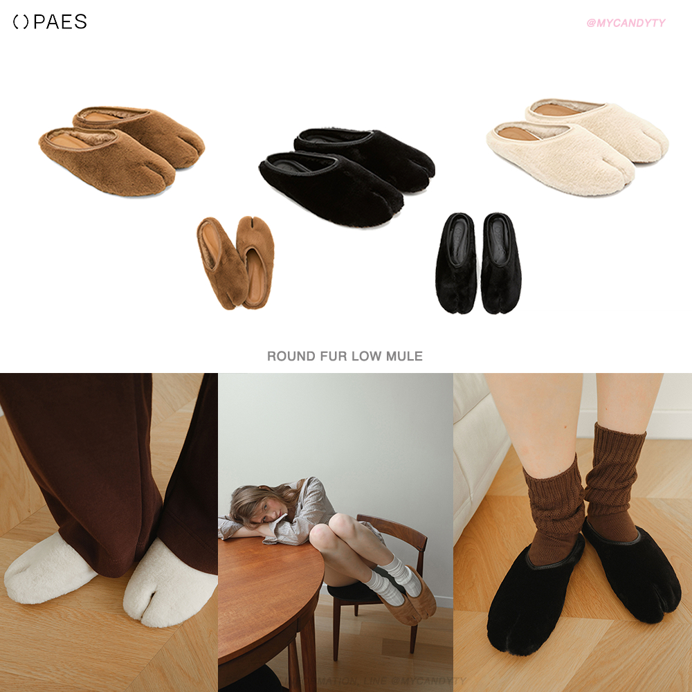 (พรีออเดอร์) *ลด10%* PAES - Round Fur Low Mule / Tabi Shoes รองเท้าหนีบนิ้วขนเฟอร์