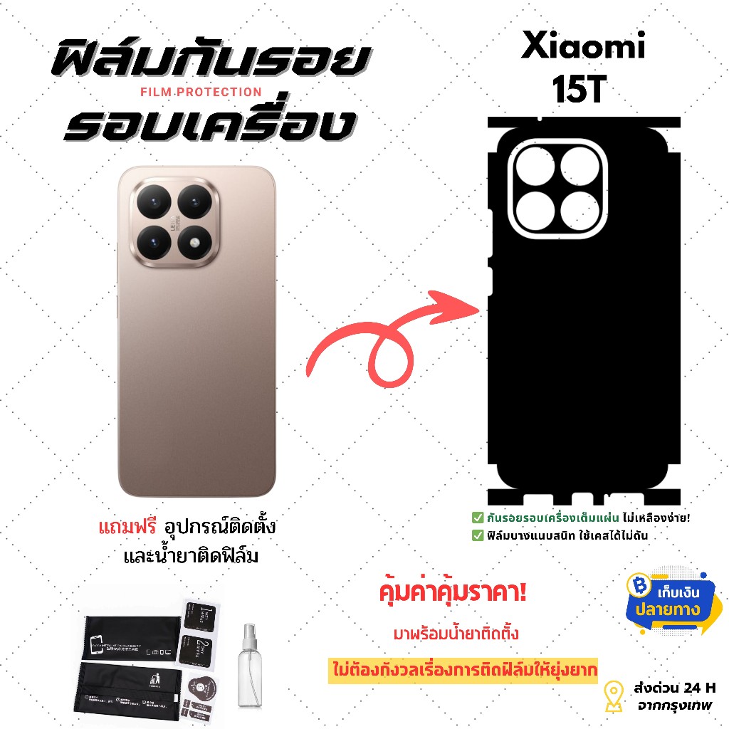 ฟิล์มกันรอยด้านหลังและขอบข้าง Xiaomi 15T | ตัดตรงรุ่น ครอบคลุมรอบเครื่อง ปกป้องเต็มขั้น