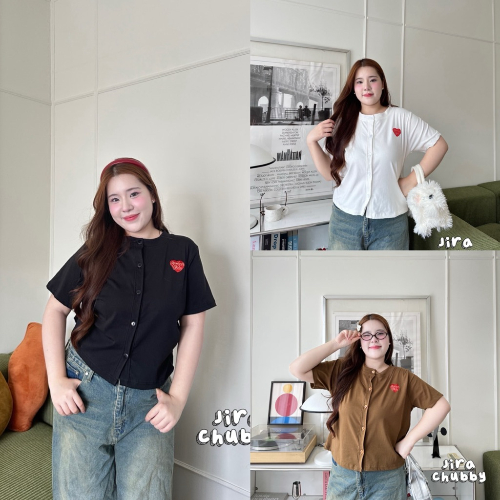 Heartly top - เสื้อคอกลมผ้ายืดเยอะ ปักลายหัวใจ ฟรีไซส์ อก 38-52++นิ้ว เสื้อสาวอวบ ไซส์ใหญ่
