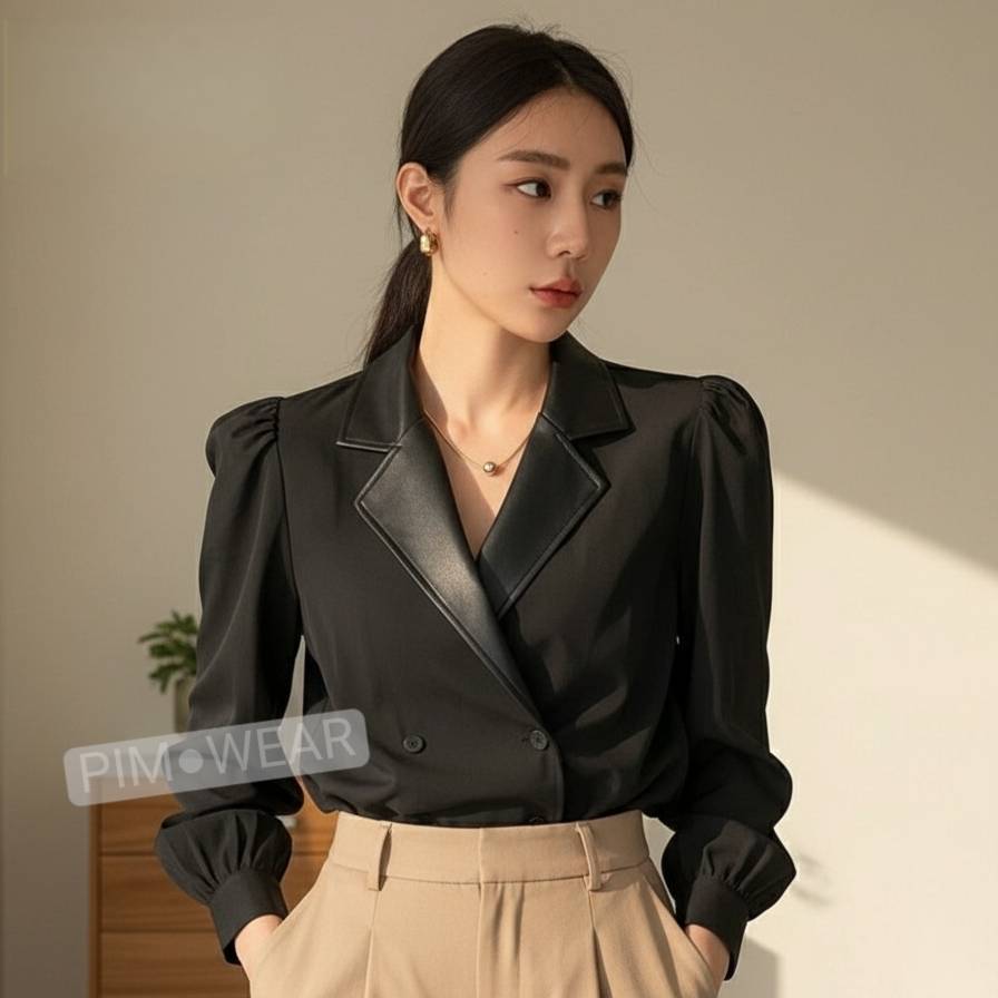 🖤 พร้อมส่งจากกรุงเทพค่ะ มีไซส์ 38 - 44 นิ้ว 🖤 PIM●WEAR เสื้อเชิ้ตสีดำมินิมอล แต่งคอปกหนัง PU สุภาพ ใส่ทำงานได้