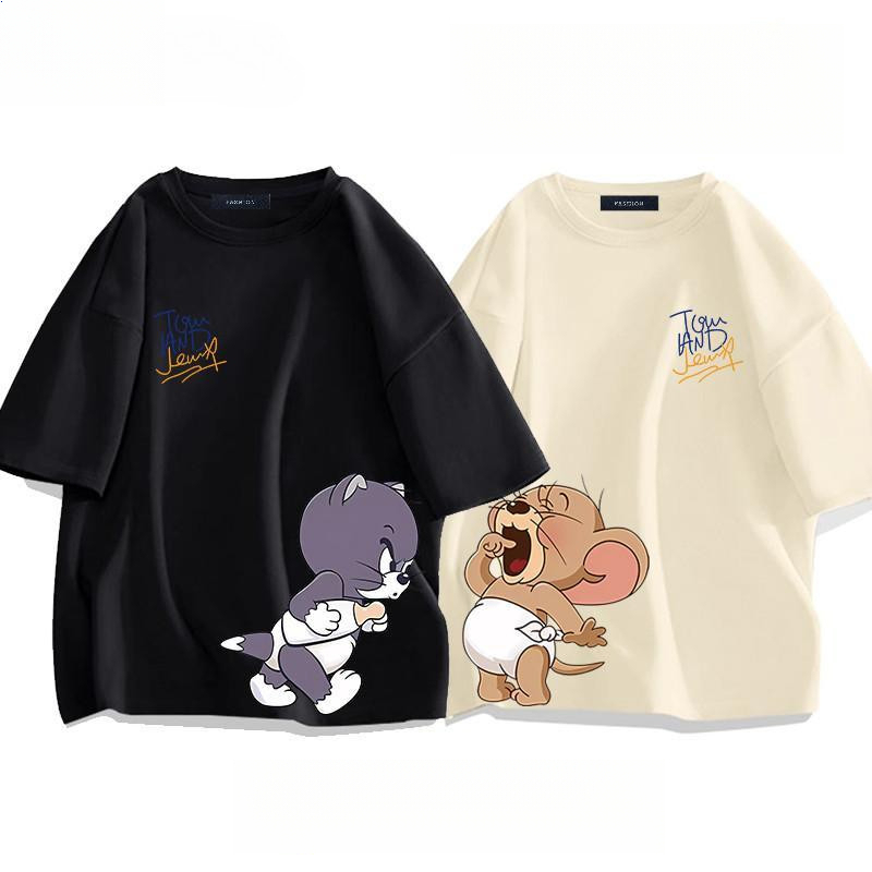 100%cottonเสื้อยืด oversize cartoonพิมพ์ลายคอกลมt shirt Tom and Jerryชุดคู่รักแขนสั้นใส่สบายsummerเสื้อเท่ๆS-3XLไซส์