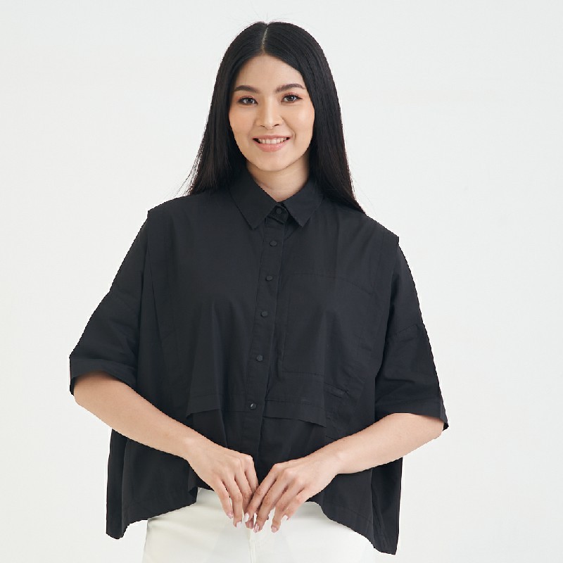 C&D เสื้อเชิ้ต แขนสั้น คอปก สีดำ COTTON NORMAL SHIRT CL4IBL