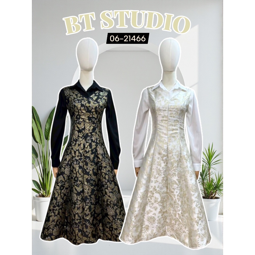 BT  06-21466 เซท 2 ชิ้น เดรสยาว แขนกุด คอวี งานผ้าทอลายผีเสื้อทั้งชุด ซิปหลัง มาพร้อมเสื้อแขนยาว คอปก กระดุมหน้า