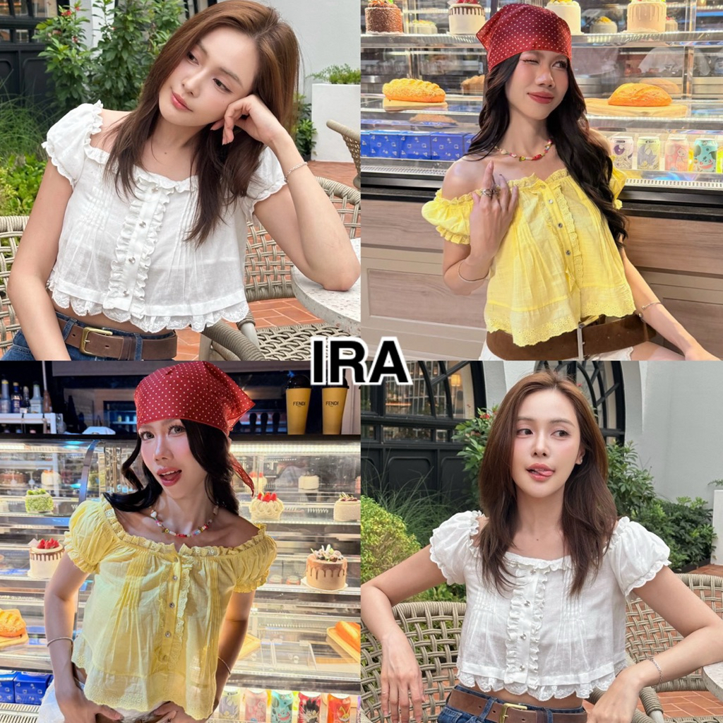 BY IRA Crop top เสื้อครอปคอบัว แขนสั้น  กระดุมมุก แต่งชายลูกไม้ ผ้าซีทรูมีซับใน
