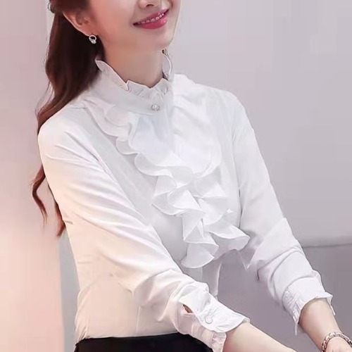 เสื้อเชิ้ตแขนยาวสไตล์ฝรั่งเศสคลาสสิกหน้าอกลูกไม้ซ้อนออกแบบยืนคอลูกไม้แขนบัวใบคอผู้หญิงเสื้อสีฟ้ากุหลาบสีแดงสีม่วงสีขาว