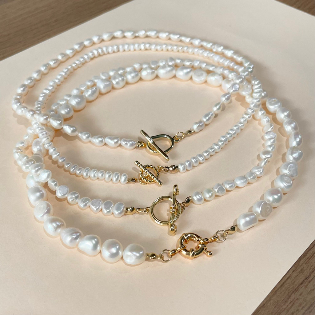 สร้อยไข่มุกแท้ ตะขอหน้า OT ชุบทอง18K มุกน้ำจืด 2-3.5mm. Genuine Pearl OT Clasp Necklace