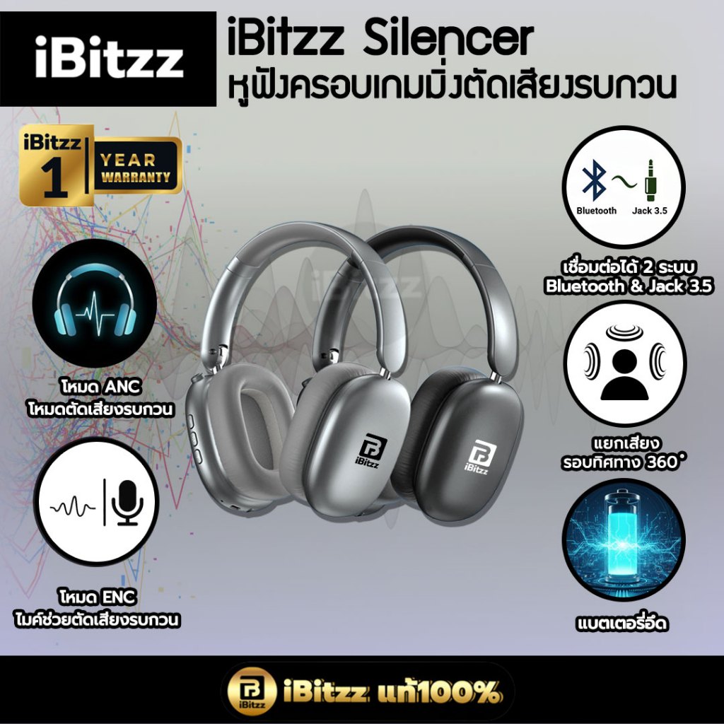 (ประกัน 1 ปี) iBitzz Silencer Wireless Headphone หูฟังครอบเกมมิ่งตัดเสียงรบกวน หูฟังครอบไอบิท #หูฟัง