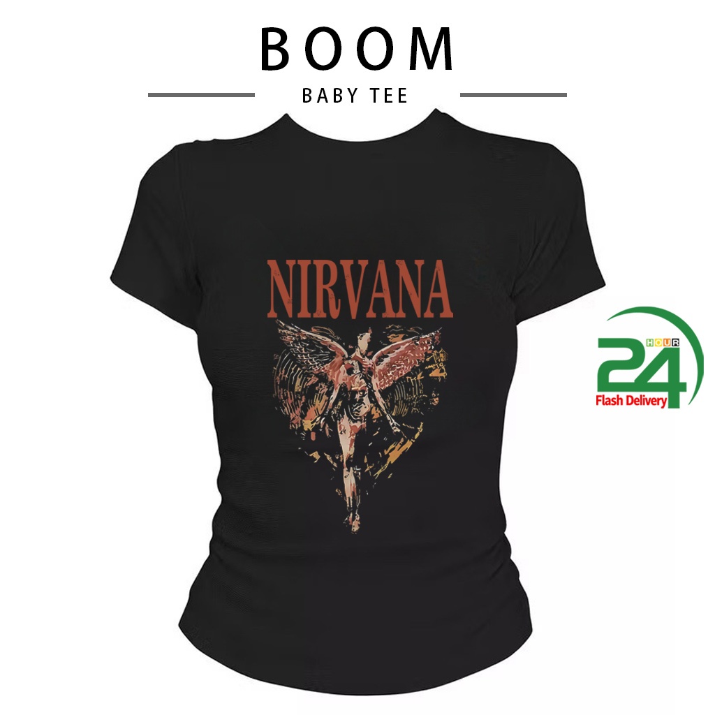COD(จัดส่งภายใน 24 ชั่วโมง)BOOM NIRVANA เสื้อครอปเข้ารูปBaby tee y2k เสื้อคอกลม รูปที่ 4