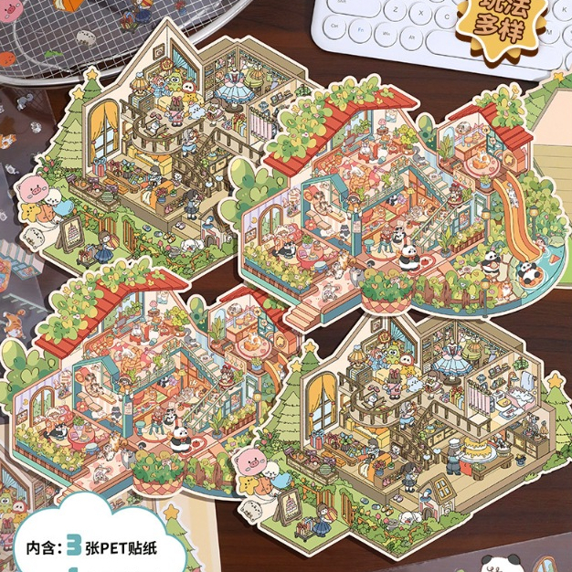 (พร้อมส่ง) 3d Miniaturized Scene Sticker น่ารัก สติ๊กเกอร์ บ้านตุ๊กตา PET วัสดุ DIY วัสดุสมุดภาพชุด