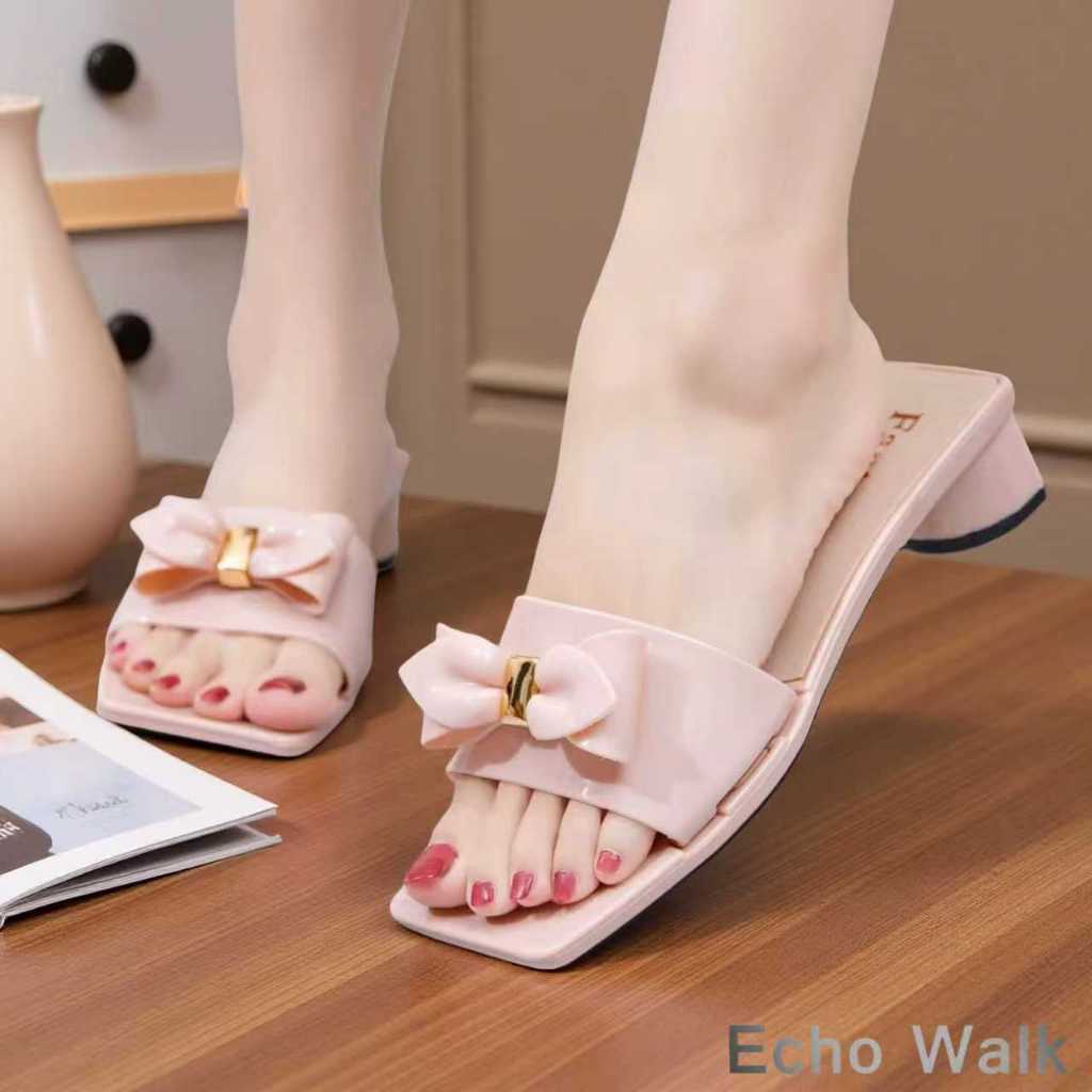 Echo Walk รองเท้าแตะผู้หญิงแฟชั่นโบว์หวาน ส้นกลาง ใส่สบาย เดินง่าย สไตล์เกาหลี น่ารักหรูดูดี