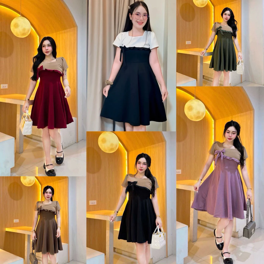 R64 ชุดเดรสทูโทน-กระโปรงบานเสื้อแต่งโบว์ระบาย ผ้าวูลเวฟ