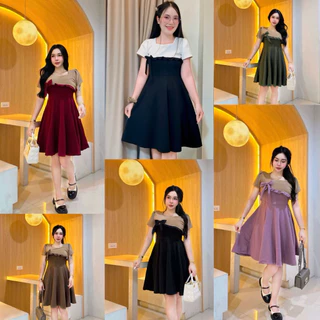 R64 ชุดเดรสทูโทน-กระโปรงบานเสื้อแต่งโบว์ระบาย ผ้าวูลเวฟ