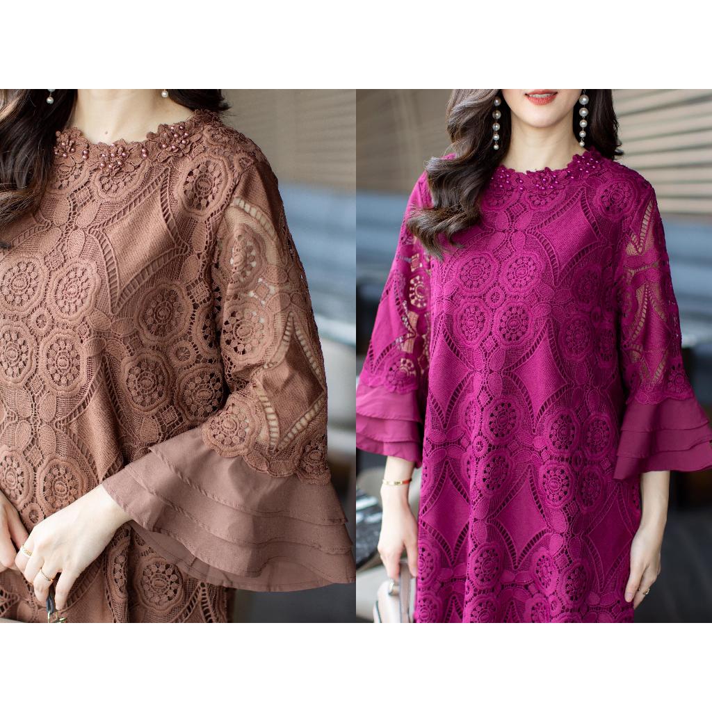 Cutie Minute L4821 เดรสลูกไม้ผสมผสานด้วยผ้าชีฟองอัดพลีทแน่นๆที่ชายกระโปรง ช่วงแขนแต่งระบาย - รูปที่ 5