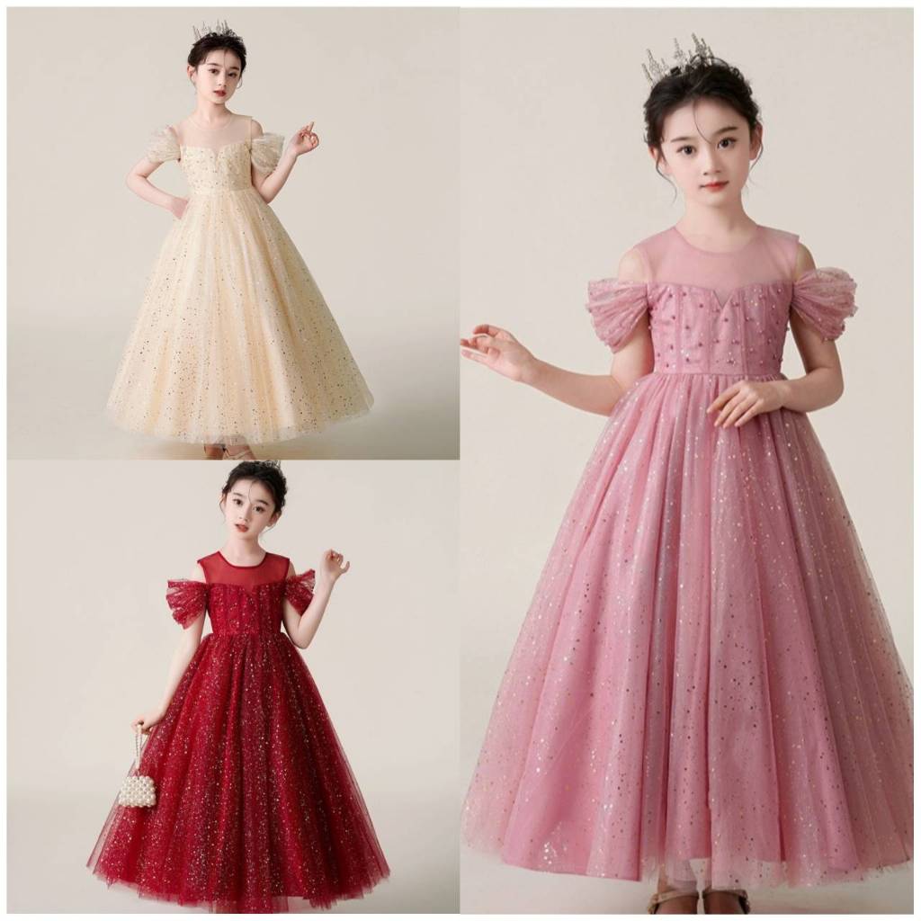 i19 ชุดเดรสยาว ชุดราตรีเด็ก เปิดไหล่ลายทอง พร้อมส่งจากไทย