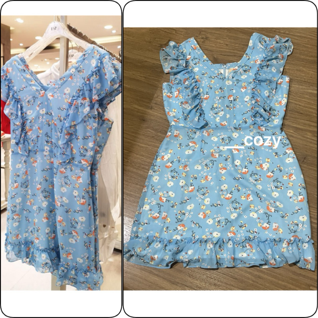 ESP Fashion (2nd) : L เดรสสั้น ชุดพิมพ์ลายดอกไม้ สีฟ้า