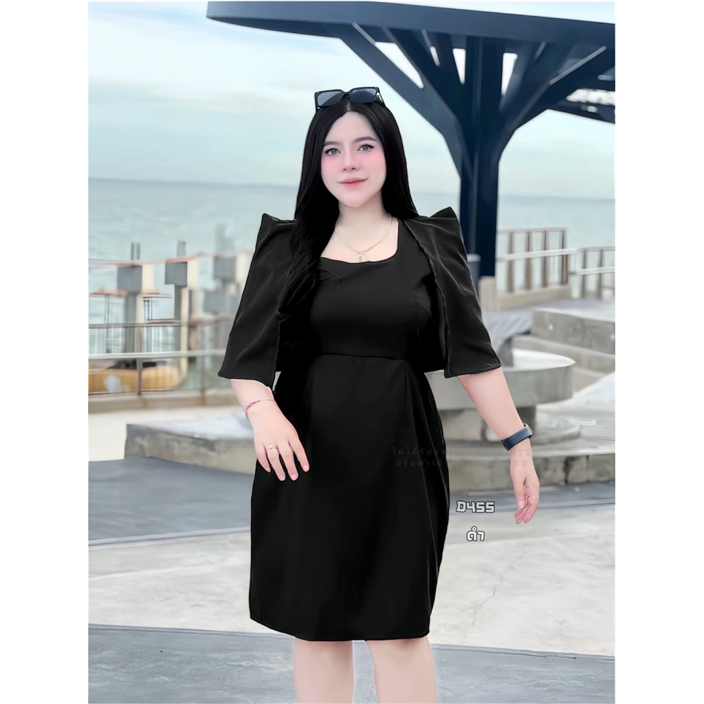 เดรสสาวอวบ ใส่ออกงานแต่ง งานบวช ผ้าซาร่า อก38-46“ D455