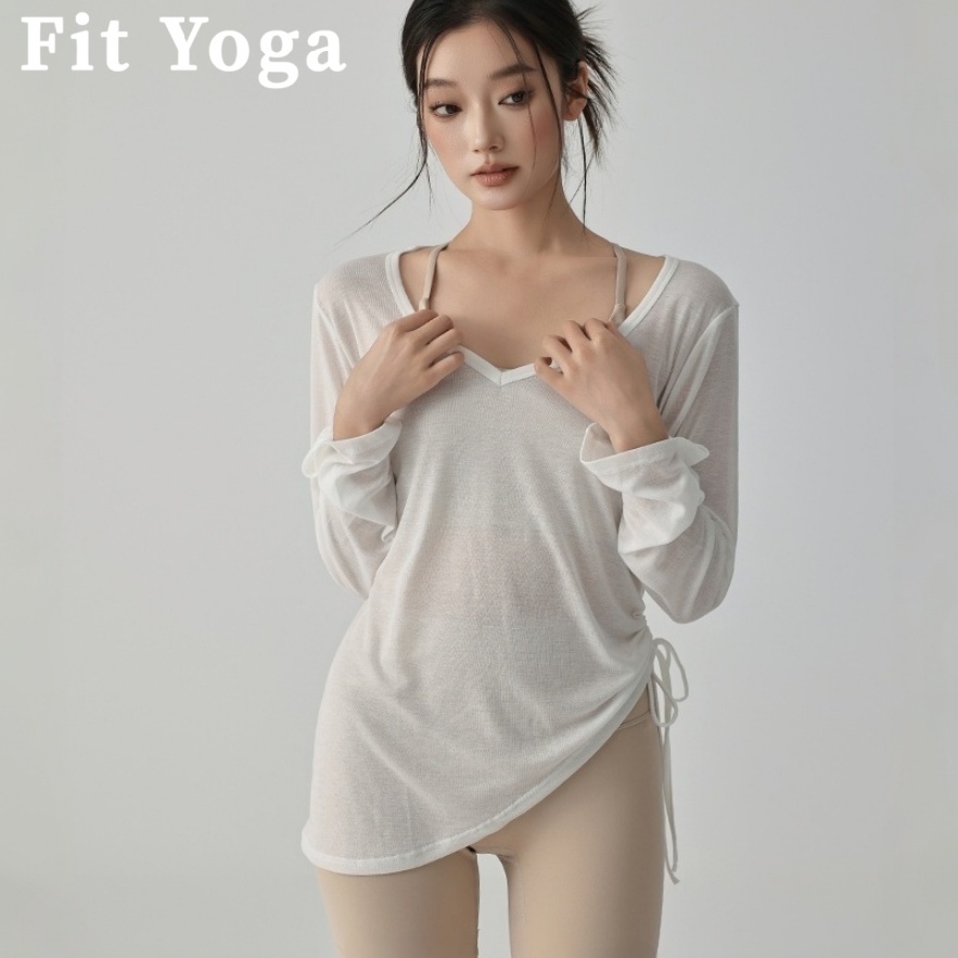 FitYoga เสื้อกีฬาออกกำลังกายหลวม ๆ ของผู้หญิง เสื้อระบายอากาศบาง ๆ โยคะ แขนยาว การฝึกพิลาทิส เสื้อโยคะ