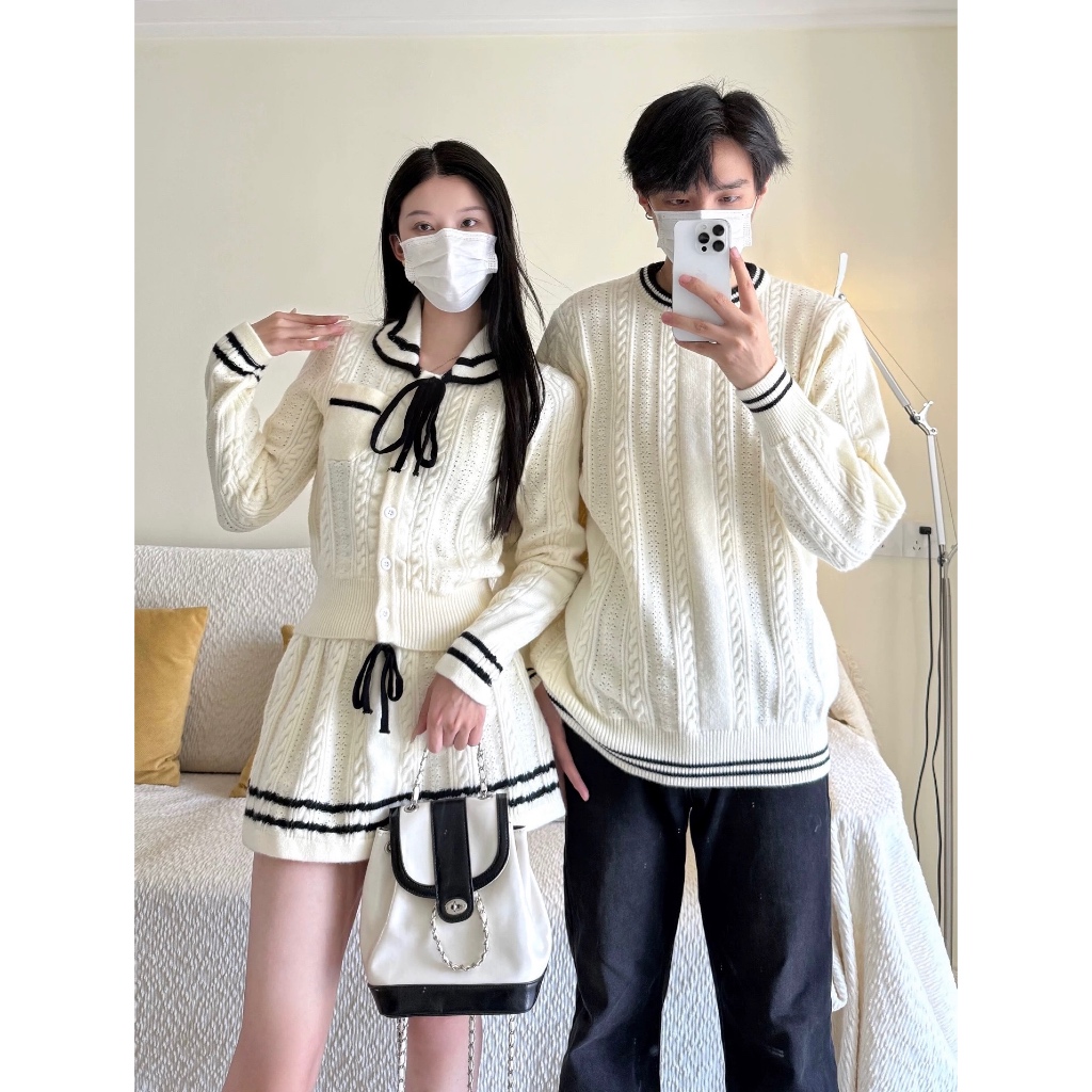 ร้านไทย🇹🇭👰🏻‍♀️ชุดคู่รัก🤵🏻 เสื้อผ้าคู่รักชายหญิงใส่คู่กับแฟน สเวตเตอร์เตอร์ครีมผู้ชาย เสื้อ_กระโปรงครีมผู้หญิง