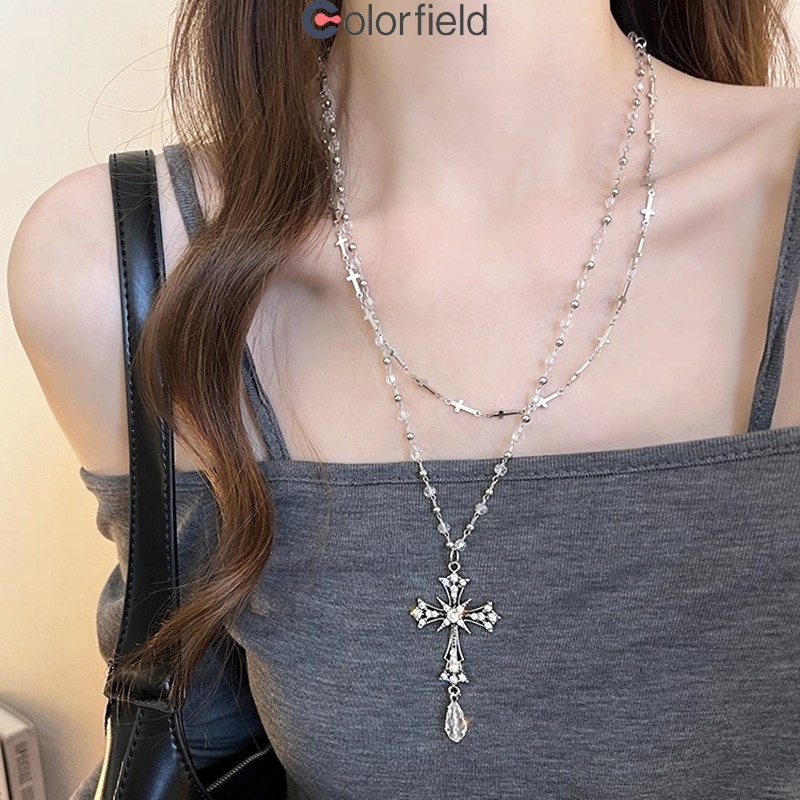 Colorfield สร้อยคอ จี้ไม้กางเขน ลูกปัดคริสตัล การออกแบบสองชั้น Y2Kสไตล์หวานและเผ็ด สำหรับผู้หญิง เครื่องประดับแฟชั่น-COD