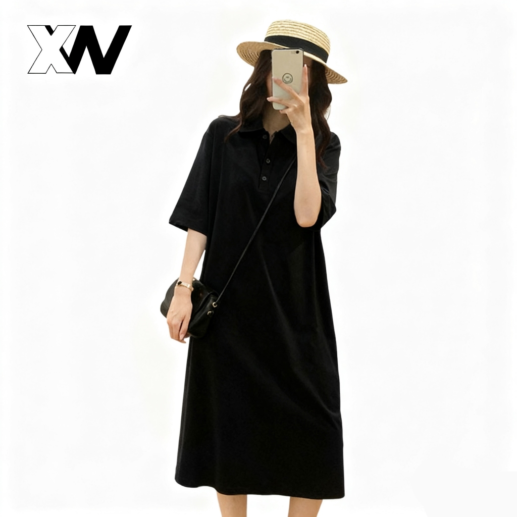 XWbrand   เดรสบ่วงคอวี ใส่สบาย ไซส์กลาง-ยาว ดีไซน์มีปกเสื้อและกระดุม สวมใส่ได้ทุกโอกาส มี 6 สี ให้เลือก ส่งจากไทย