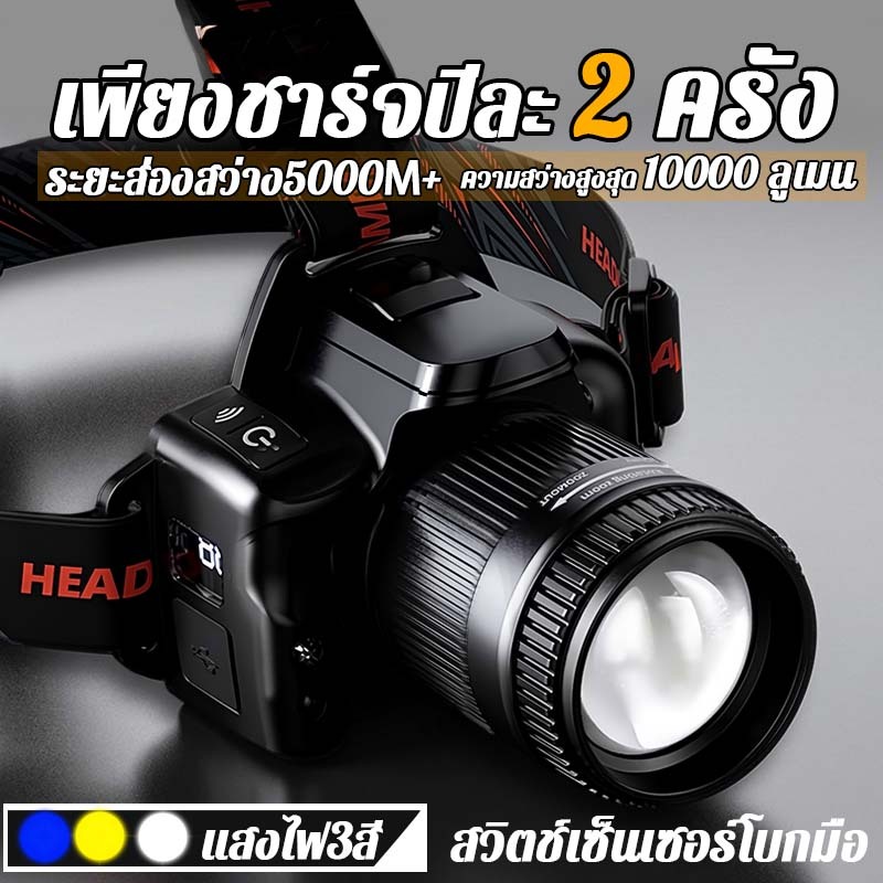 Thaishun U8 ไฟฉายคาดหัว ไฟฉายคาดหัวแท้ ปรับแสงได้ 3 สี กันน้ำ หมุนได้90°ทนทาน จอแสดงระดับแบตดิจิทัล ไฟส่องกบ Headlamp