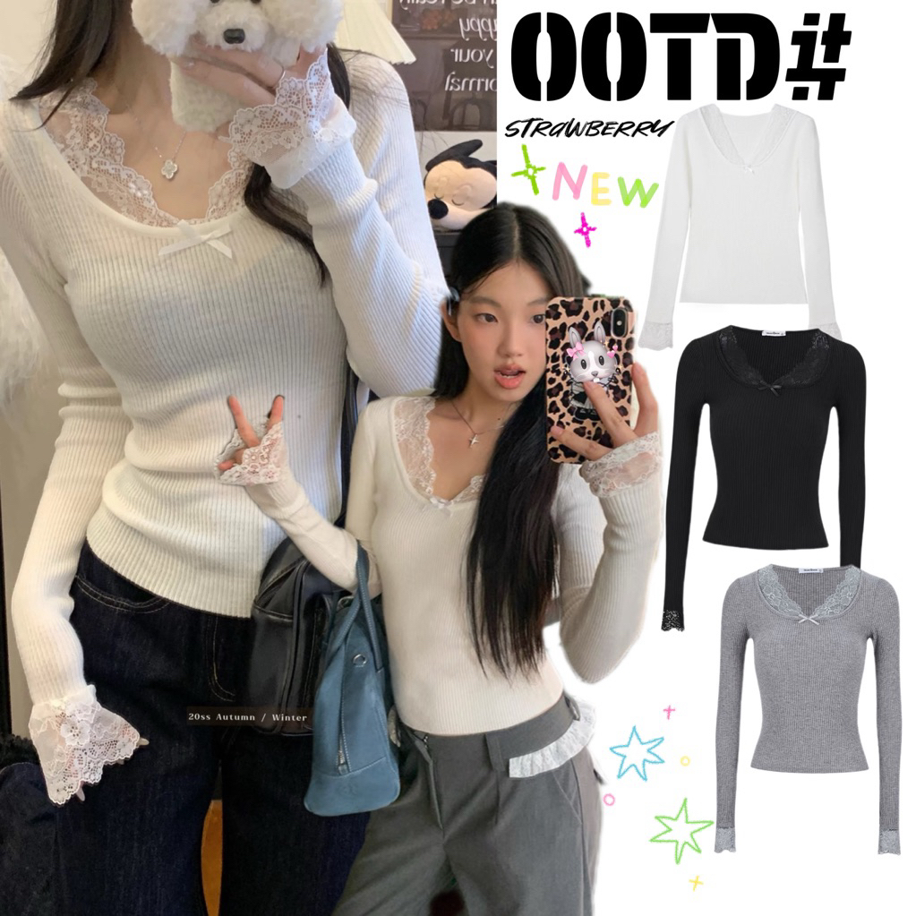 STR พร้อมส่ง🐰🌷เสื้อยืดแขนยาว แต่งขอบลูกไม้สุดเซ็กซี่ คอวีติดโบว์น่ารัก เสื้อครอปทรงเข้ารูป สีพื้นดูแพงผ้าดีแฟชั่นผู้หญิง