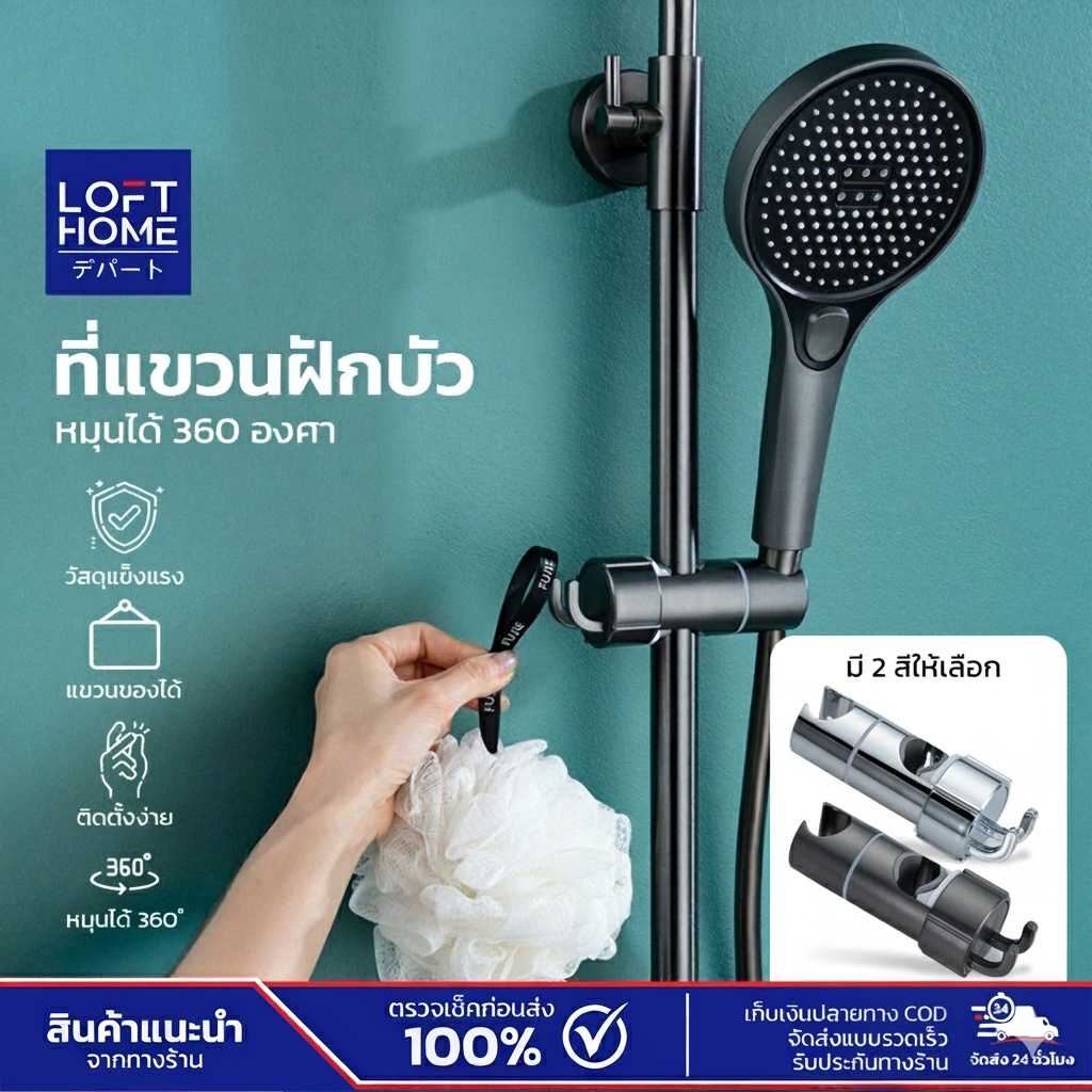LOFTHOME ที่แขวนฝักบัวหมุนได้ 360° ปรับระดับได้ ติดตั้งง่าย ใช้ได้กับฝักบัวทุกขนาด