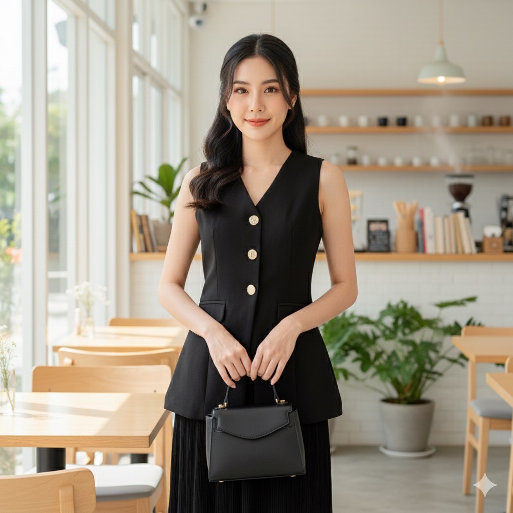 [NITTAYA] D2812 ชุดเซตเสื้อคอวีแขนกุดกระดุมทองแต่งกระเป๋ากระโปรงยาวซิปซ่อนด้านหลัง เรียบหรูผู้ดี ใส่ออกงาน ดินเนอร์