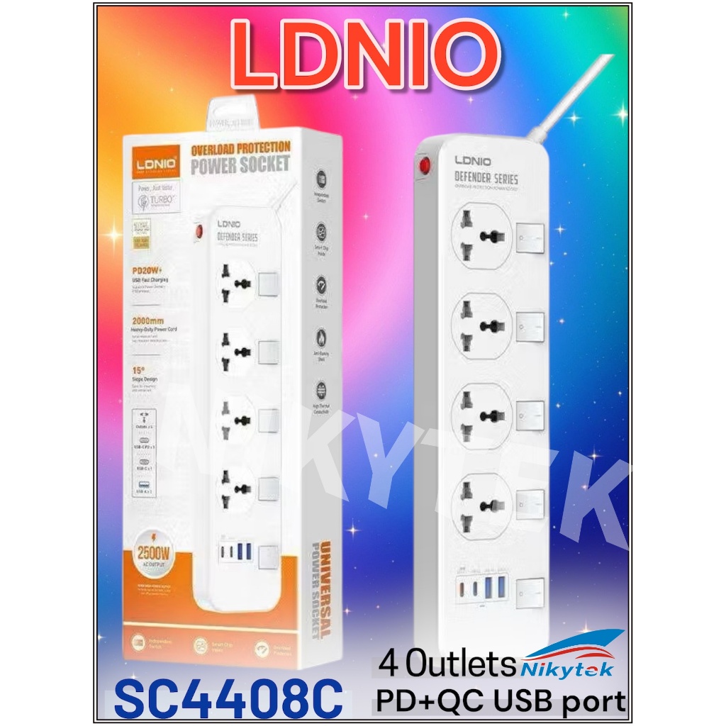 LDNIO SC4408C ปลั๊กไฟ ปลั๊กสามตา 4 ช่อง/USB 4 พอต 2500W สายยาว 2 เมตร