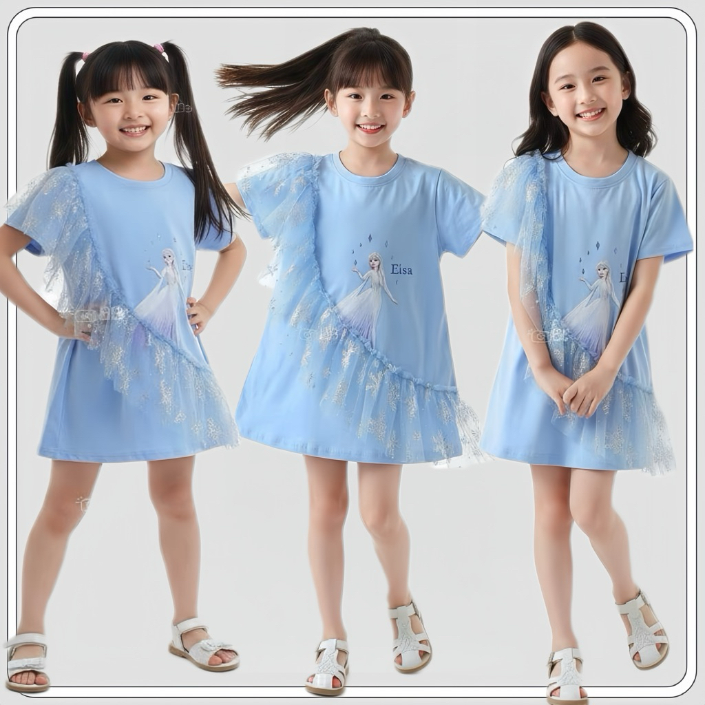MC129👗 เดรสเด็กผู้หญิงลาย สุดน่ารัก สีฟ้าเจ้าหญิง ตกแต่งระบายตาข่ายเกล็ดหิมะ ใส่แล้วน่ารักเหมือนเจ้าหญิงตัวน้อย