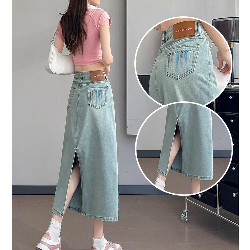 GHAOHES คาวบอยซ่อนเนื้อสัตว์ และกระโปรงยาวกระโปรงยีนยาว สีฟ้าอ่อน ผ่าหลัง เก็บเอว สไตล์วินเทจ   BV95