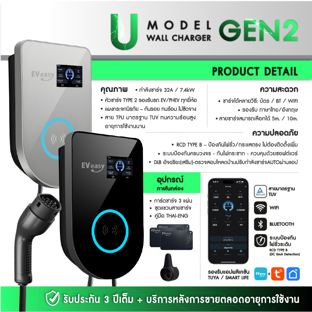 ‼️Wall Charger U Model Gen2 32A 7.4KW / 22KW TYPE2 App TUYA ประกัน 3ปี!!