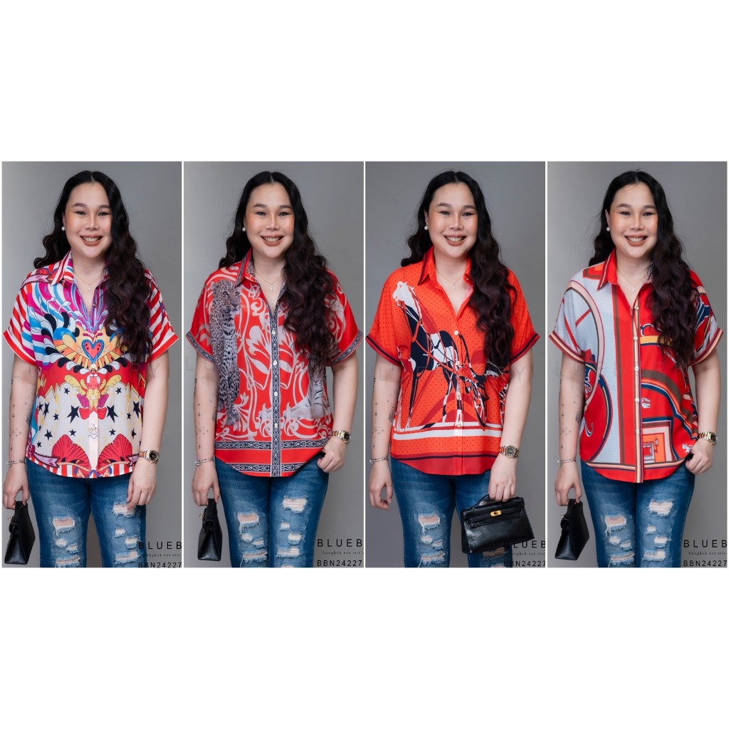 Love-Clothes (อก44) B4232 BLUEBERRY NIGHTS เสื้อเชิ้ต แขนสั้น ผ้าโพลิเอสเตอร์เบลนด์ พิมพ์ลายทั้งตัวส