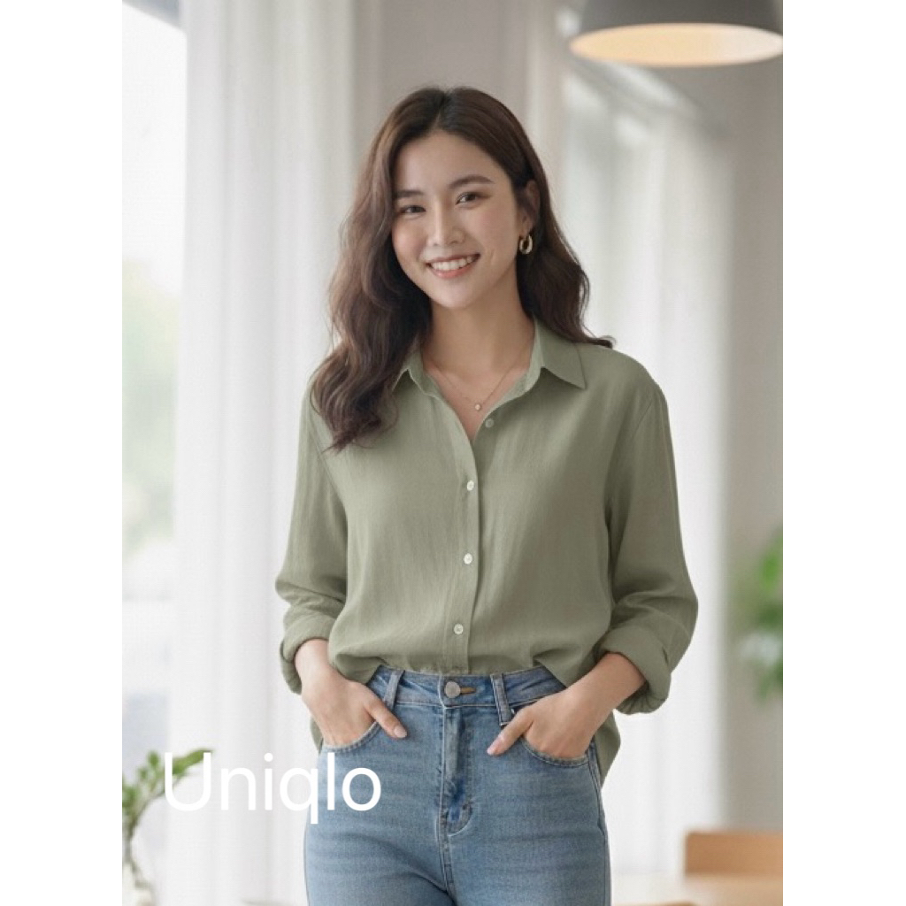 Uniqlo เสื้อเชิ้ตผู้หญิง แขนยาว สีเขียว ผ้าลินิน XL