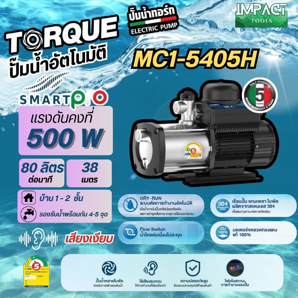 TORQUE ปั้มน้ำอัตโนมัติ แรงดันคงที่ รุ่น SMART PRO (เงียบพิเศษ) มาตรฐานอิตาลี ประกันมอเตอร์ 5 ปี