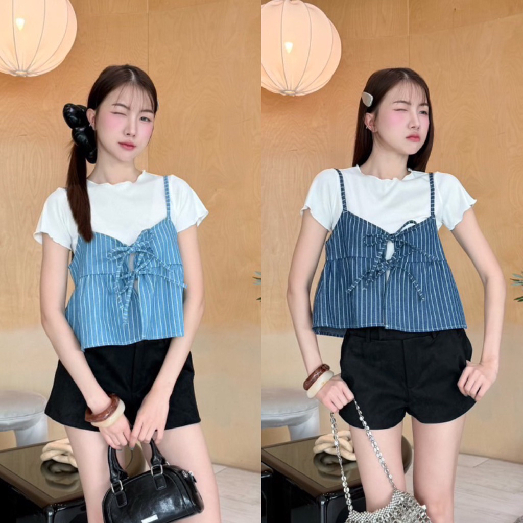 🩵 Jaydaa Top ชุดเซตเสื้อยืดครอปแขนสั้น+สายเดี่ยวผูกอก เนื้อผ้ายีนส์ลายริ้ว